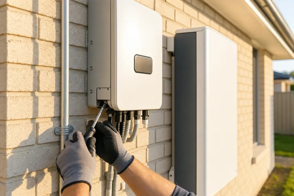 Concept imagery of an electrician commissioning a wall-mounted inverter beside a home battery