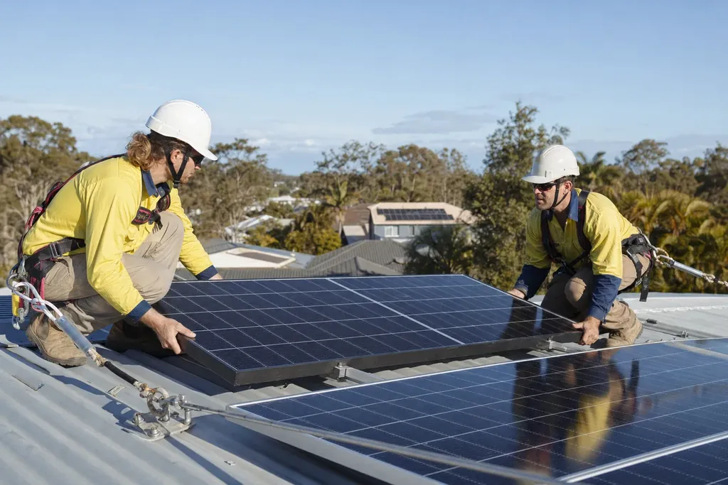 Concept imagery of two installers in hi-vis fitting a solar panel on a Colorbond roof